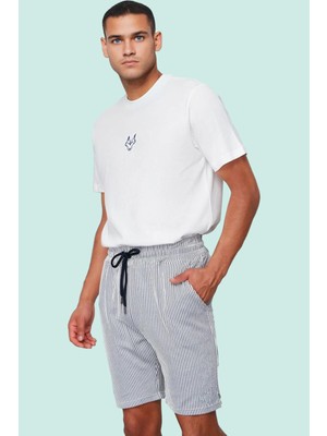 Erkek Günlük Kullanım Için Nefes Alan Çizgili Şort Örme Kumaş Straight Kalıp Modern Tasarım