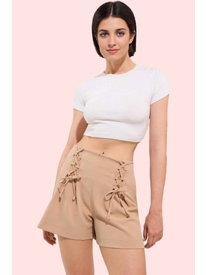 Kadın Finike Dokuma Şort Etek Yüksek Bel Bağcık Detaylı Kısa Yaz Günlük Kullanım Hafta Sonu