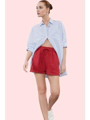 Kadın Keten Şort Düz Desen Yüksek Bel Rahat Kesim Günlük Hafta Sonu Yaz Aylarının Vazgeçilmezi