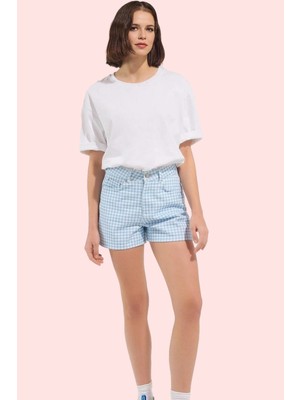 Kadın Kareli Denim Şort Yüksek Bel City Short Kalıp Pamuk Günlük Kullanım Kaliteli Malzeme