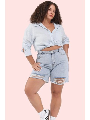 Kadın Denim Şort Yırtık Detaylı Yüksek Bel Straight Kesim Rahat Yaz Aylarının Vazgeçilmezi