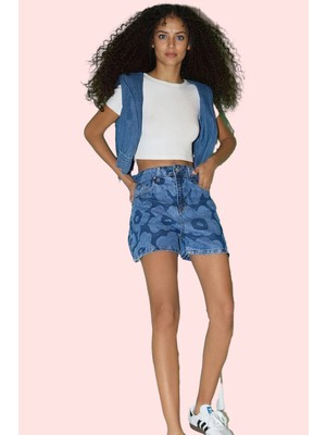 Kadın Pamuk Denim Şort City Short Kalıp Boru Paça Desenli Yüksek Bel Yazlık Günlük Kullanım