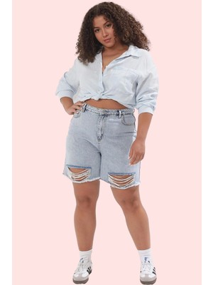 Kadın Büyük Beden Denim Şort Yüksek Belli Rahat ve Şık Günlük Hafta Sonu Dayanıklı Malzeme