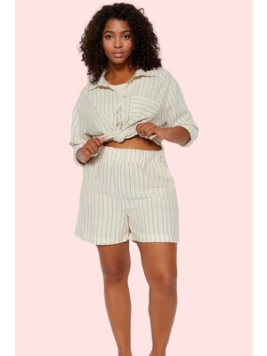 Kadın Çizgili Keten Şort Rahat Kalıp Yazlık Günlük Kısa Hafta Sonu Yaz Aylarının Vazgeçilmezi