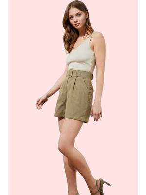 Kadın Pamuk Gabardin Straight Şort; Yüksek Bel Çift Cep Kısa Boy Günlük Kombinler Hafta Sonu