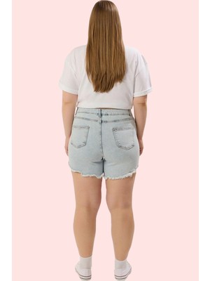 Kadın Yüksek Bel Esnek Pamuklu Denim Şort Buz Mavisi Casual Yaz Kombinleri Günlük Kullanım