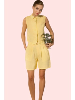 Kadın Keten Geniş Paça Kısa Şort Düz Desenli Yüksek Bel City Short Kalıp Rahat Günlük Hafta Sonu