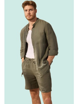 Erkek Renk Keten Şort Boru Paça Rahat Kalıp Yazlık Günlük Kombinler Için Dayanıklı Malzeme