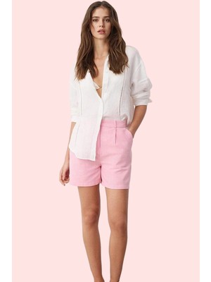 Kadın Yüksek Bel Boru Paça City Şort Günlük Casual Keten Karışımlı Rahat Dayanıklı Malzeme