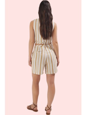 Kadın Çok Çizgili Şort Dokuma Kumaş Keten Görünümlü Yüksek Bel Günlük Yaz Aylarının Vazgeçilmezi
