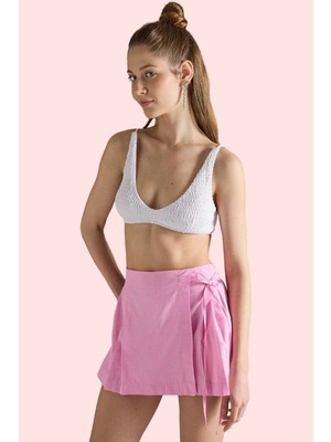 Kadın Yazlık Pamuk Plaj Şort Etek Renk Dar Paça Bağlama Detaylı Yüksek Bel Günlük Kullanım