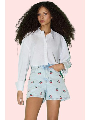 Kadın Pamuklu Baskılı Kiraz Desenli Denim City Short Şort Rahat Günlük Kullanım Hafta Sonu