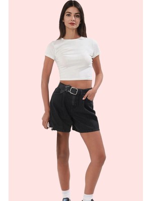 Kadın Yüksek Bel Pileli Denim Bermuda Şort Pamuk Yaz Aylarının Vazgeçilmezi Günlük Kullanım