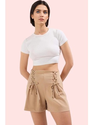 Kadın Yüksek Bel Kısa Şort Etek Bağcık Detaylı Dokuma Günlük Hafta Sonu Yaz Aylarının Vazgeçilmezi