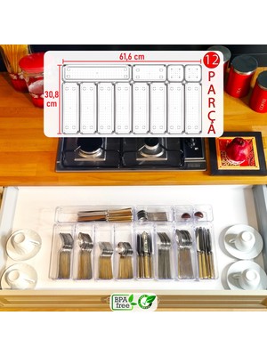 Color House 12'li Set Modüler Kaşıklık Mutfak Çekmece Içi Organizer Şeffaf Clear Çatal Bıçak Kaşık Düzenleyici