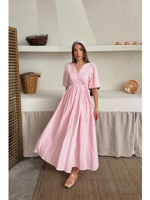 Pembe Müslin Uzun Elbise