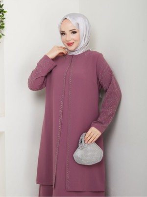 Kolları Taşlı Büyük Beden Anne Elbisesi