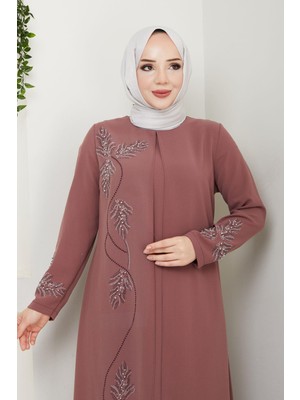 Büyük Beden Yaprak Taşlı Anne Elbisesi EN7008