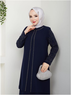 Kolları Taşlı Büyük Beden Anne Elbisesi