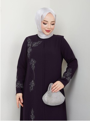 Büyük Beden Yaprak Taşlı Anne Elbisesi EN7008