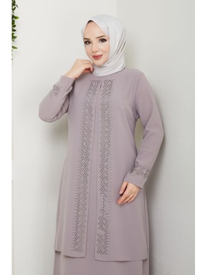 Serpme Taşlı Büyük Beden Anne Elbisesi