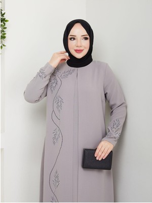 Büyük Beden Yaprak Taşlı Anne Elbisesi EN7008