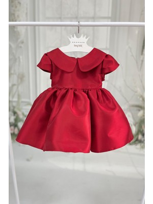 Kırmızı Mikado Bebe Yaka Kuş Kol Pamuk Astarlı Fiyonklu Abiye Elbise