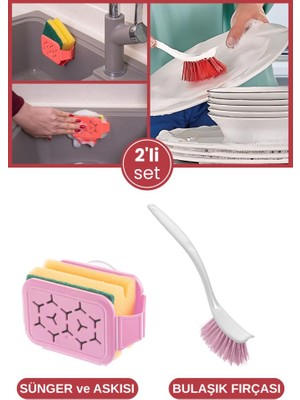 Bulaşık Yıkama 2’li Set, Vantuzlu Bulaşık Süngeri Askısı Tutacağı Sıkacağı + Bulaşık Fırçası Seti