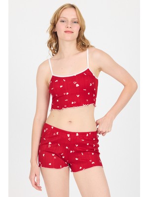 Kırmızı Kalp Desenli Atlet Şort Takım 3405