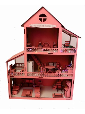 Edkzeka Ahşap Oyun Evi LED Işıklı +34 Parça Mobilya