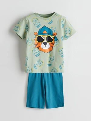 Lcw Kids Yeşil Baskılı Penye Erkek Çocuk Şortlu Pijama Takım