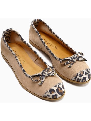 Hakiki Deri Alfreda Bej Süet Leopar Detaylı Fiyonklu Kadın Babet