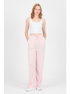 Pembe Beli Lastikli Çizgili Geniş Paça Dokuma Pantolon 4098