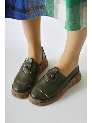 Bethina Haki Perçin Detaylı Lazer Delikli Babet