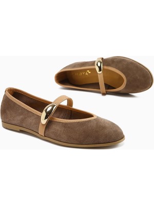 Limoya Hakiki Deri Kadın Babet Vizon Süet Toka Detaylı Düz Tabanlı Rahat Ayakkabı