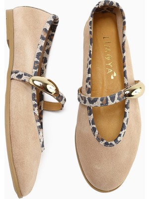 Hakiki Deri Aliana Bej Süet Tokalı Leopar Detaylı Kadın Babet