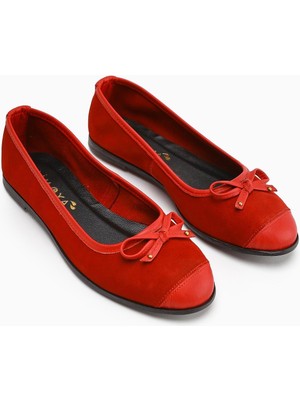 Hakiki Deri Alfreda Kırmızı Süet Deri Detalı Fiyonklu Kadın Babet