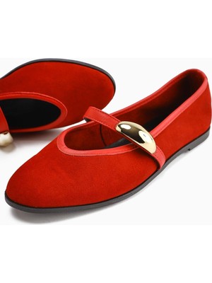 Hakiki Deri Aliana Kırmızı Süet Toka Detaylı Kadın Babet