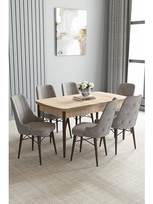 Asaella Mobilya Loft Meşe Desen MDF Masa 80X132 Açılabilir Modern Tasarım 6 Sandalye ile