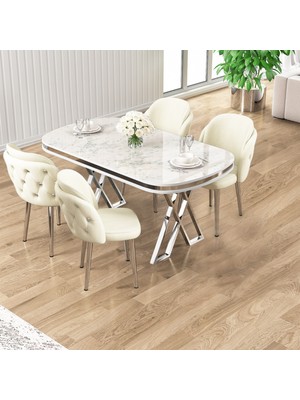 Zae Serisi 90X168 Lak Panel Beyaz Mermer Desen Krom Ayak Masa Takımı 4 Krem Sandalye