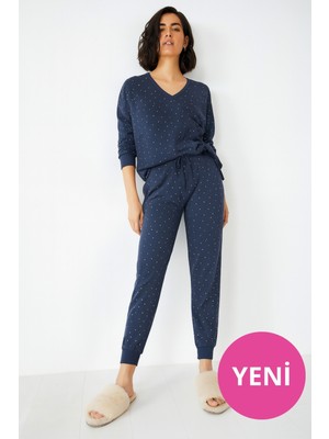 Dofi Kadın 1757 Puantiye Desenli V Yaka, Cepli, Kordonlu Pijama Takımı – Lacivert