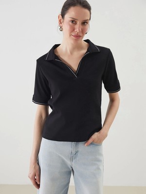 Lcwaıkıkı Classic Siyah Polo Yaka Kadın Crop