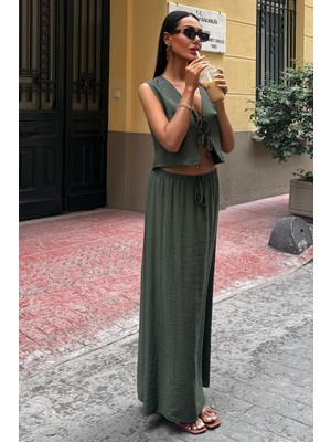 Kadın Haki Kolsuz Düz Dokuma Rayon Ikili Takım