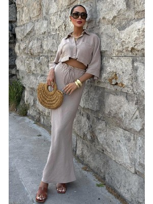 Kadın Vizon Keten Uzun Düz Ikili Takım