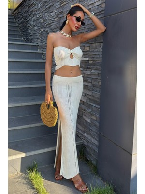 Kadın Ekru Akrilik Kolsuz Straplez Triko Takım