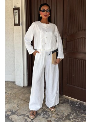 Kadın Beyaz Keten Oversize Uzun Ikili Takım