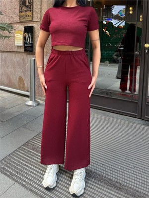 Bordo Modal Polyester Keten Bisiklet Yaka Takım