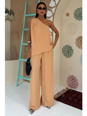 Kadın Camel Ayrobin Tek Omuz Oversize Takım