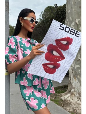 Kadın Multi Çiçek Desenli Poplin Kısa Takım