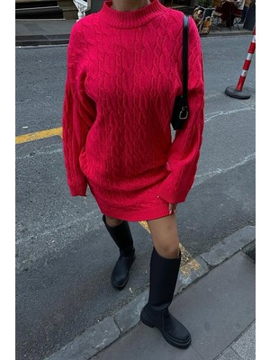 Kadın Fuşya Şardonlu Akrilik Saç Örgü Triko Elbise